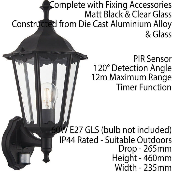 IP44 Outdoor PIR Light Matt Black & Glass Traditional Wall Lantern Porch Motion Loops