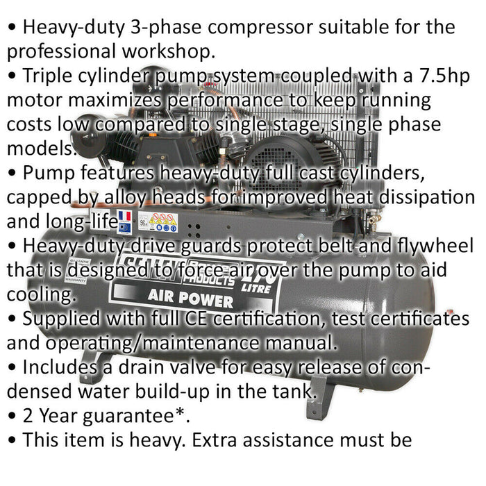270 Litre Belt Drive Air Compressor - 3 Phase 7.5hp Motor - Triple Cylinder Pump Loops