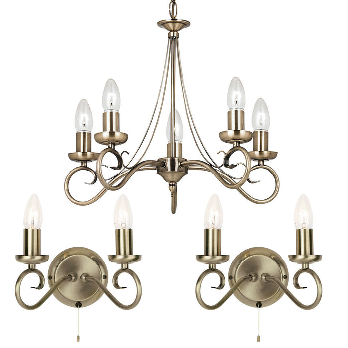5 Bulb Ceiling Pendant & 2x Matching Twin Wall Light Antique Brass Chandelier Loops