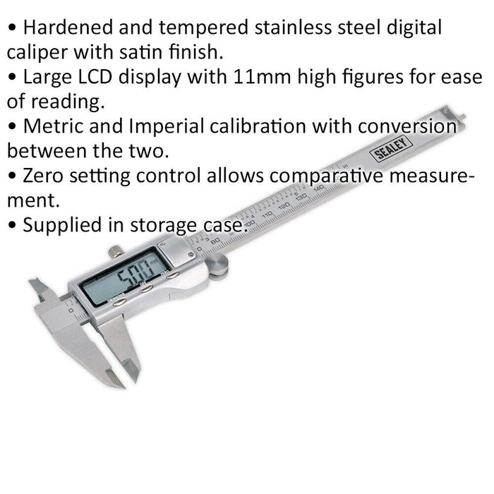 150mm Digital Vernier Calipers - Hardened & Tempered - LCD Display - Case Loops