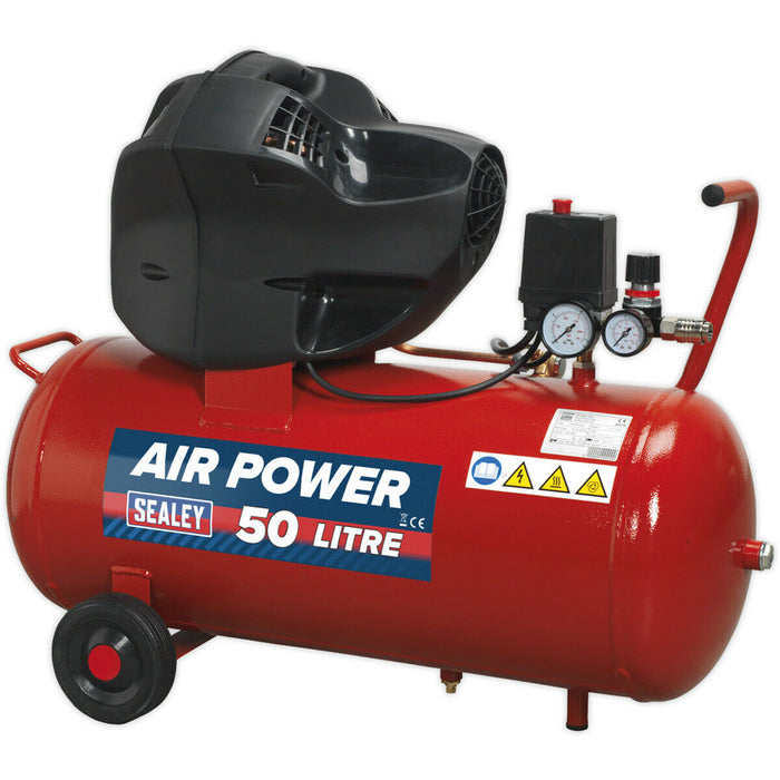 50 Litre Oil Free Air Compressor V-Twin Direct Drive - 3hp Motor - Air Regulator Loops