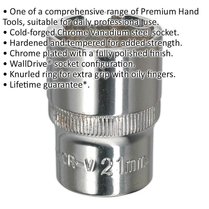 21mm Forged Steel Drive Socket - 1/2" Square Drive - Polished Chrome Vanadium Loops