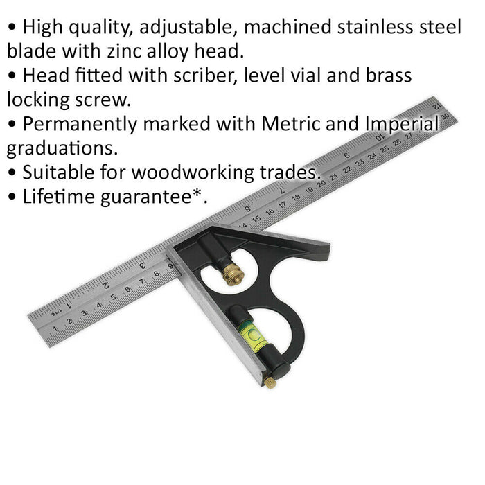 300mm Adjustable Combination Square - Steel Blade - Dual Marked - Woodworking Loops