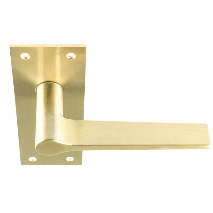 Door Handle & Bathroom Lock Pack Satin Brass Flat Lever Thumb Turn Backplate Loops