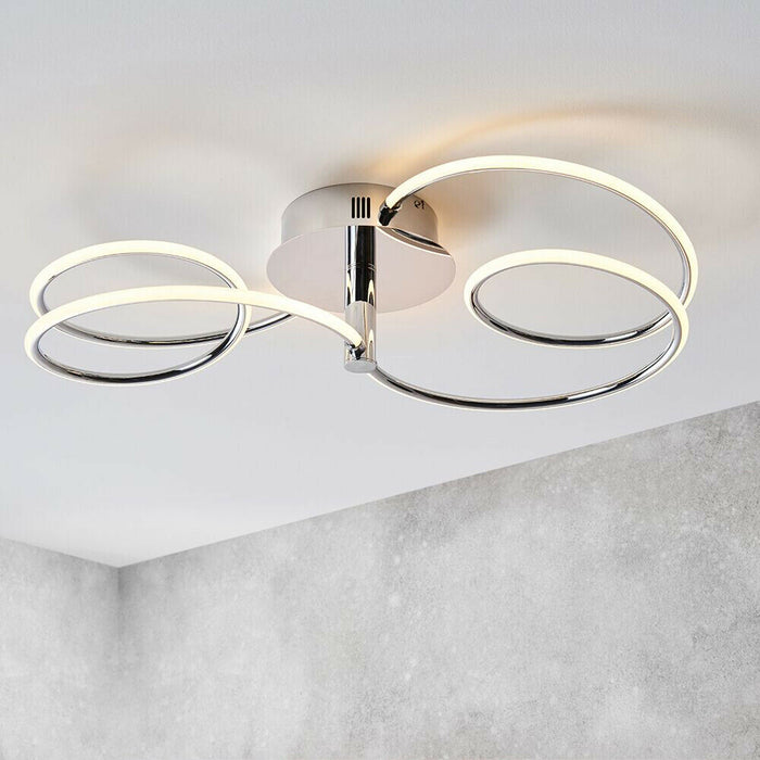 LED Semi Flush Ceiling Light 32W Warm White Chrome Infinity Hoop Strip Feature Loops