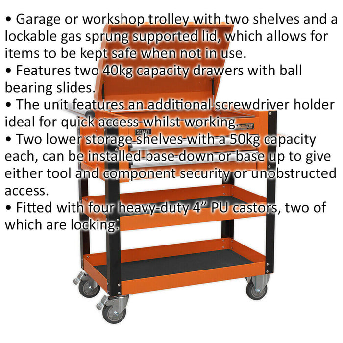 Heavy Duty Tool & Parts Trolley - 925 x 440 x 900mm - Lockable Top - Orange Loops