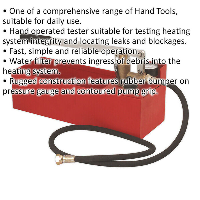 Heating System Pressure Tester - 10L Capacity - Pressure Gauge - Water Filter Loops