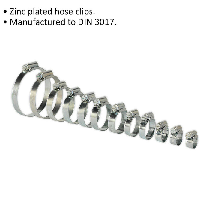 85 Pc Zinc Plated Hose Clip Assortment - 8 to 57mm - External Pressed Threads Loops