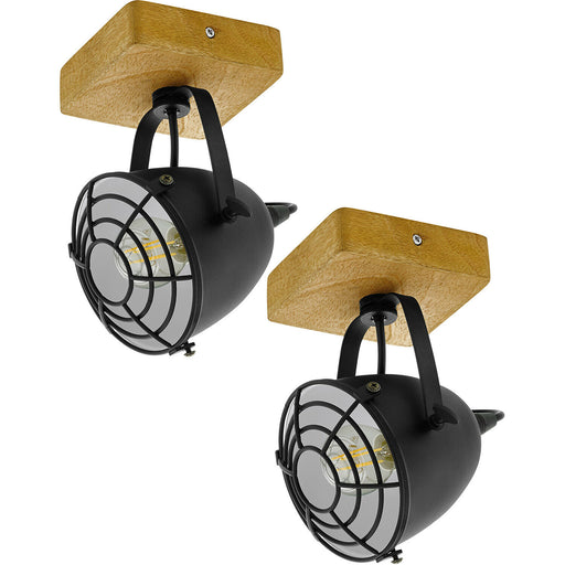 2 PACK Wall / Ceiling Light Black & Wood Adjustable Spotlight 1x 40W E14 Loops