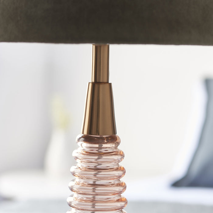 Table Lamp - Rose Pink Ribbed Glass, Antique Brass & Mocha Velvet - 40W E27 Loops