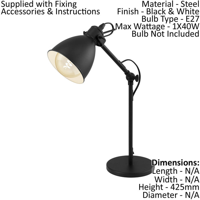 2 PACK Adjustable Table Lamp Desk Light Black & White Steel Shade 1x 40W E27 Loops