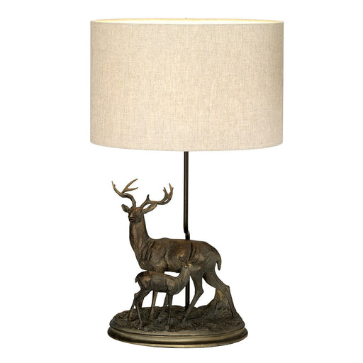 Table Lamp Stag & Fawn Statuette Natural Hessian Shade Bronze Patina LED E27 40w Loops