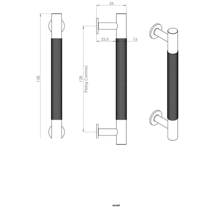 2x Knurled Bar Door Pull Handle 158 x 13mm 128mm Fixing Centres Matt Black Loops