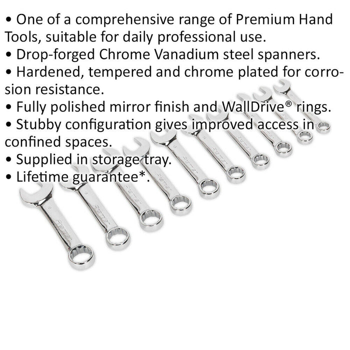 10pc STUBBY Combination Spanner Set - 10mm to 19mm - 12 Point Short Handled Ring Loops