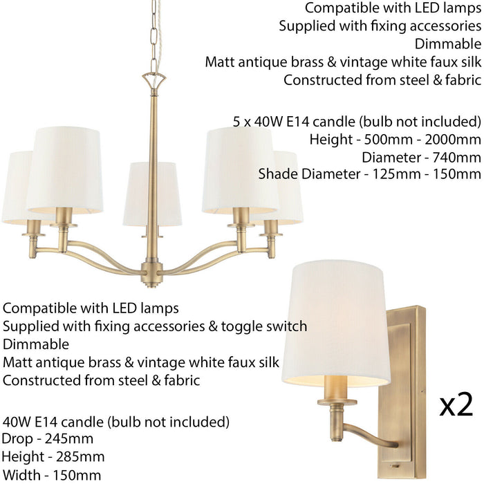 5 Bulb Ceiling Pendant Lamp & 2x Matching Wall Light Matt Antique Brass & Shade Loops