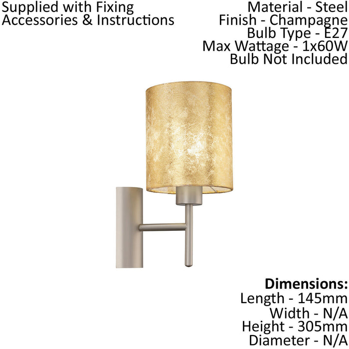 2 PACK Wall Light Colour Champagne Steel Circular Shade Gold Fabric E27 1x60W Loops