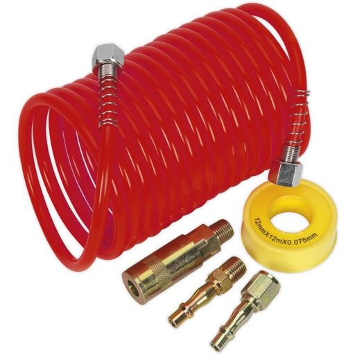 5m PU Coiled Air Hose Kit - 1/4 Inch BSP Unions - Quick Release Coupling Kit Loops