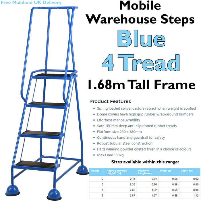 4 Tread Mobile Warehouse Steps BLUE 1.68m Portable Safety Ladder & Wheels Loops