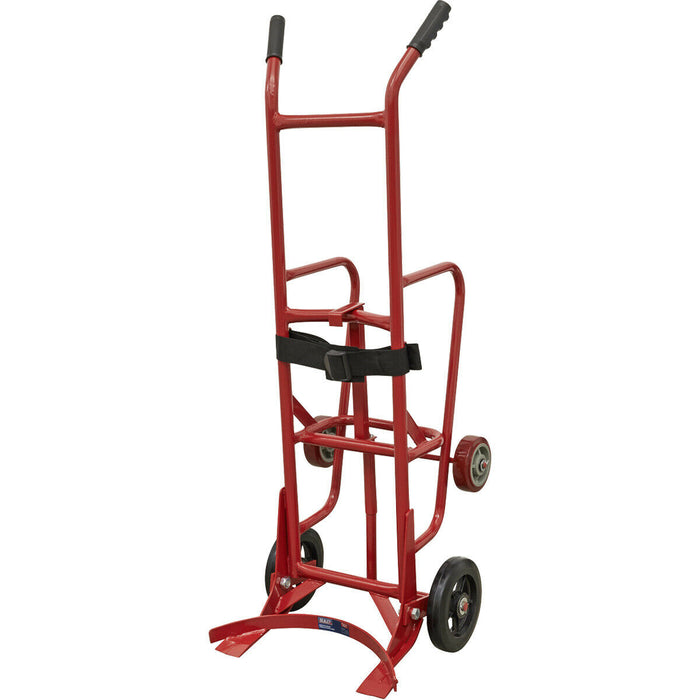 205L Drum Stillage Trolley - Spring Loaded Mechanism - Bracing Strap - Wheeled Loops