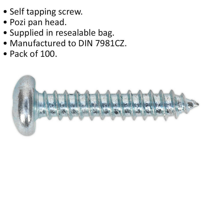 100 PACK 6.3 x 38mm Self Tapping Pan Head Screw - Pozi Head - Fixings Screw Loops