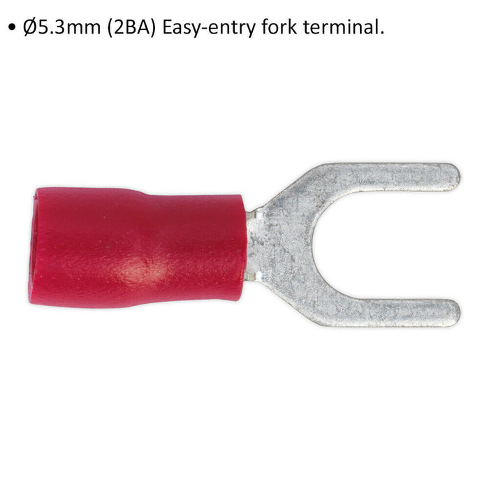 100 PACK Easy-Entry Fork Terminal - 5.3mm Diameter - 22 to 18 AWG Cable - Red Loops