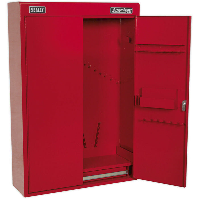 615 x 195 x 900 Wall Mounted 1 Drawer Tool Cabinet - RED - Lockable Storage Unit Loops