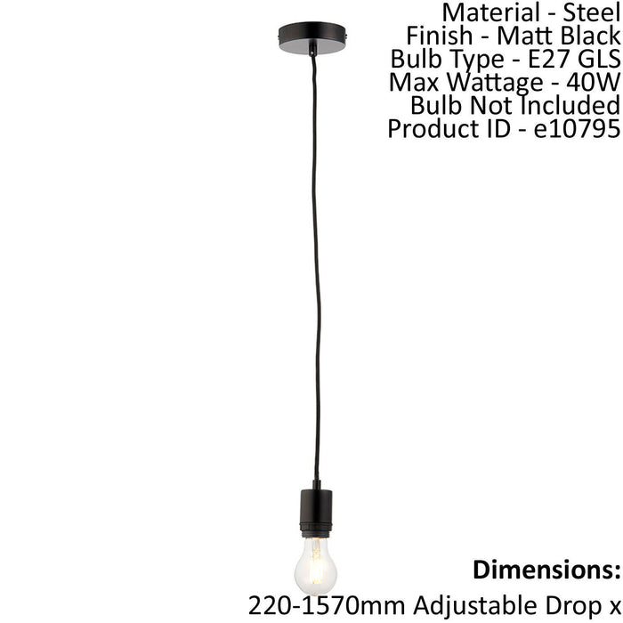 Ceiling Pendant Light Matt Black 40W E27 Dimmable Studio Cable Set Loops