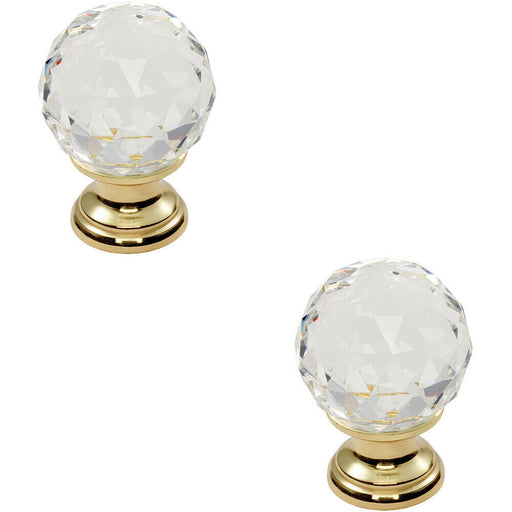 2x Faceted Crystal Cupboard Door Knob 40mm Dia Polished Brass Cabinet Handle Loops