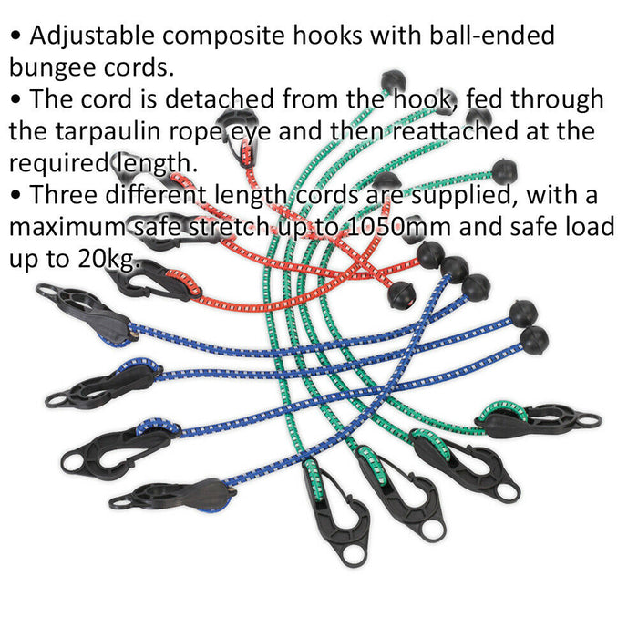 12 PACK Assorted Tarpaulin Cord Set - Ball-Ended Bungee Cords - Detachable Hook Loops