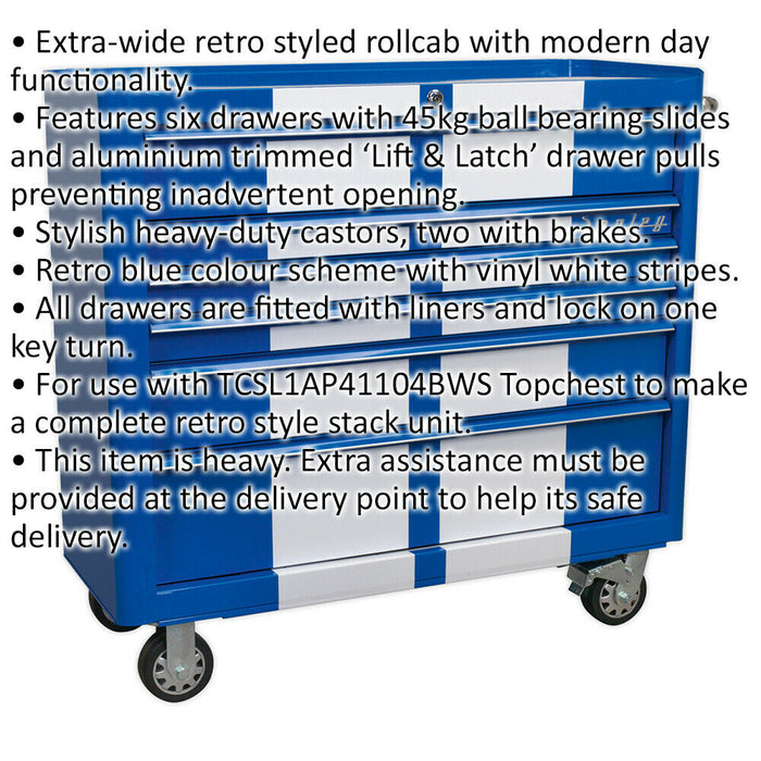 1100 x 460 x 1040mm 6 Drawer RETRO BLUE Portable Tool Chest Lock Mobile Storage Loops