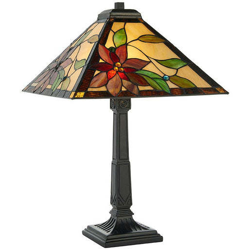 Tiffany Glass Table Lamp Light Dark Bronze & Red Flower Square Shade i00214 Loops