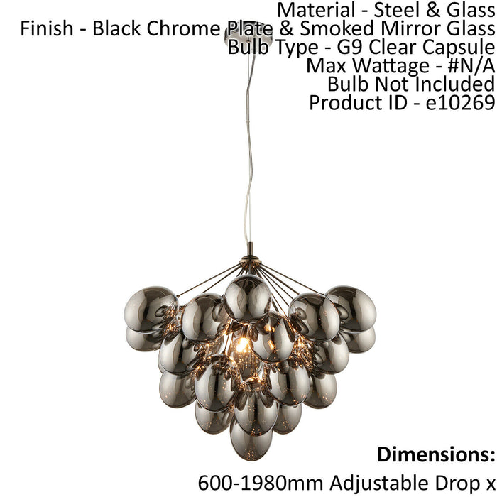 Ceiling Pendant Light Black Chrome Plate & Smoked Mirror Glass 6 x 28W G9 Loops
