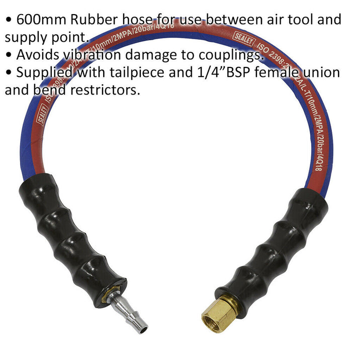 Rubber Air Leader Hose - 600 x 10mm - Tailpiece and 1/4 Inch BSP Union Fittings Loops