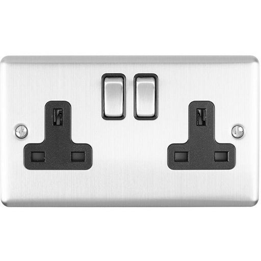2 Gang Double UK Plug Socket SATIN STEEL 13A Switched Black Trim Power Outlet Loops