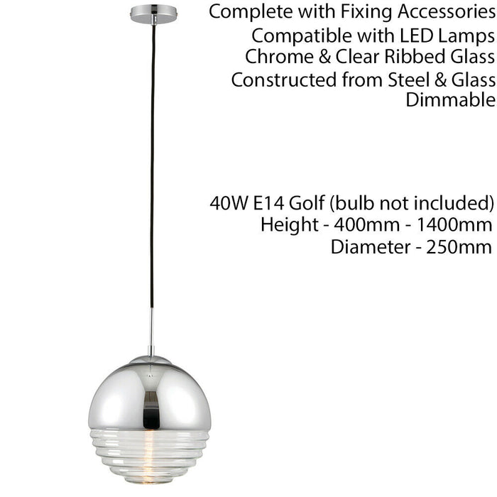 Hanging Ceiling Pendant Light CHROME & RIBBED GLASS Sphere Ball Lamp Bulb Holder Loops