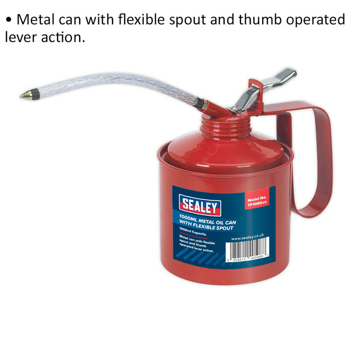 1000ml Metal Oil Can with Flexible Spout - Thumb Operated Lever - Oil Dispenser Loops