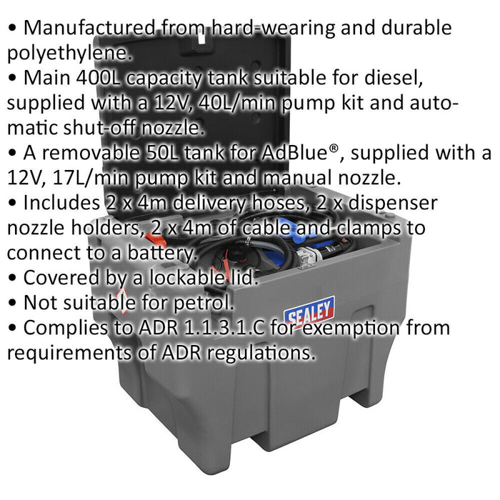 400L / 50 L Portable Combi Fuel Tank - Suitable for Diesel & AdBlue - 12V Pump Loops