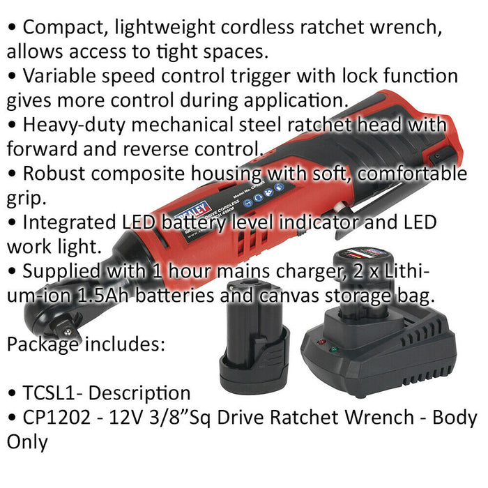 12V 3/8" Sq Drive Ratchet Wrench Kit - Variable Speed Control - Two Batteries Loops