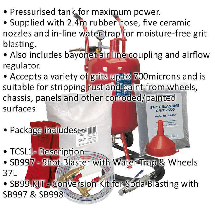 Portable Shot & Soda Blasting Gun Kit & 37L Water Trap 46KG Grit Hopper & Wheels Loops