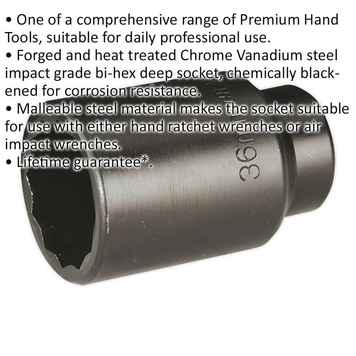36mm Bi-Hex Deep Impact Socket - 1/2 Inch Sq Drive - Chromoly Wrench Socket Loops
