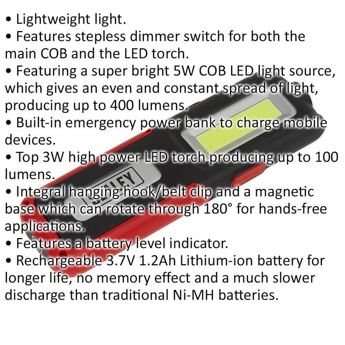 Rechargeable Inspection Light with Power Bank - 5W COB & 3W SMD LED - Red Loops