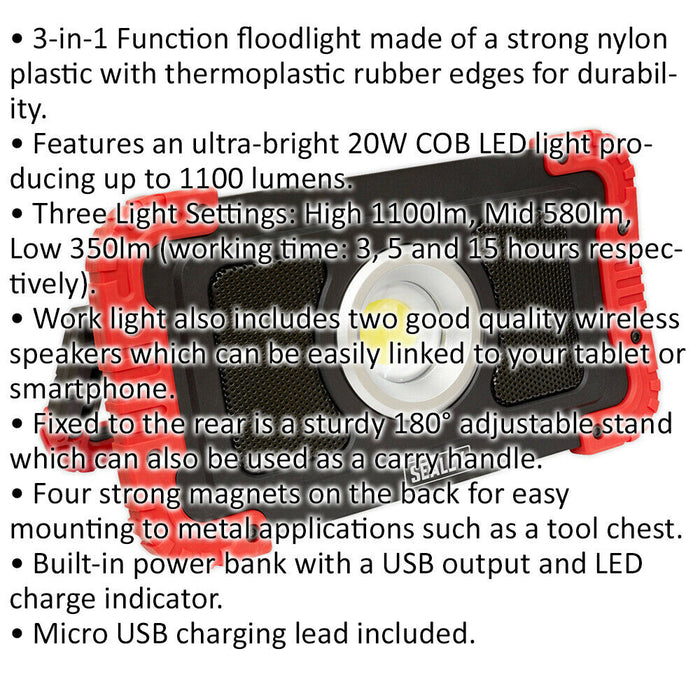 Rechargeable Floodlight - 20W COB LED - Wireless Speakers & Power Bank - 1100 lm Loops