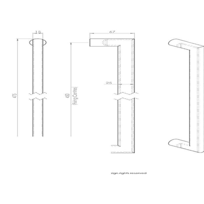 2x Flat D Bar Door Pull Handle 475 x 15mm 350mm Fixing Centres Satin Steel Loops