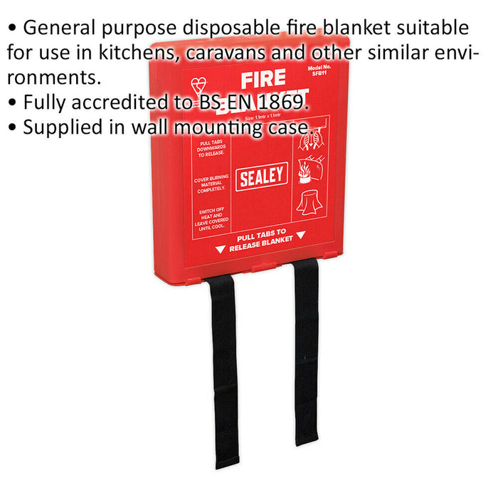 Disposable Fire Blanket - 1.1m x 1.1m Size - Supplied in Wall Mounting Case Loops