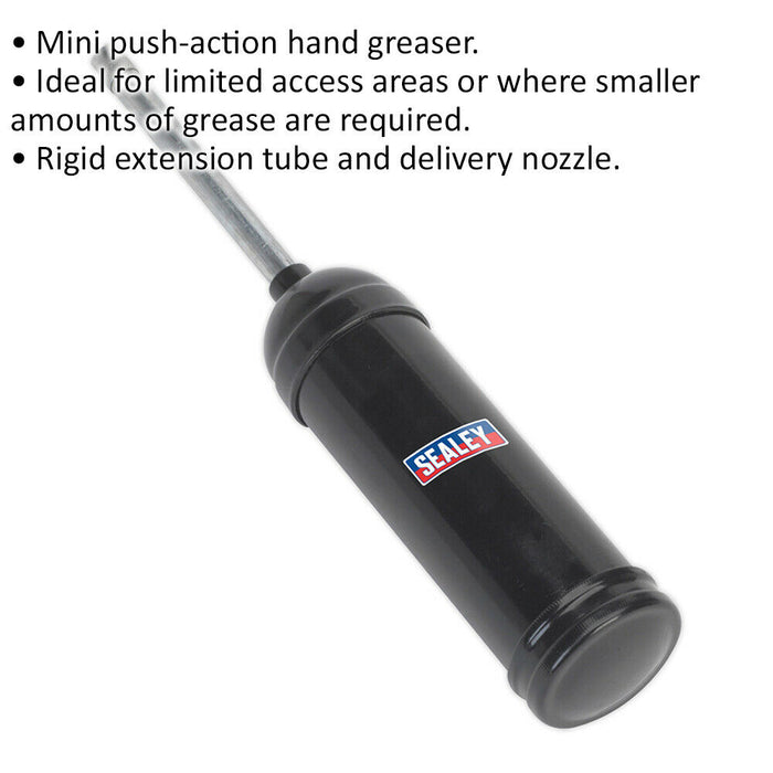 Mini Grease Gun - Push Action Hand Greaser - Rigid Extension Tube & Nozzle Loops