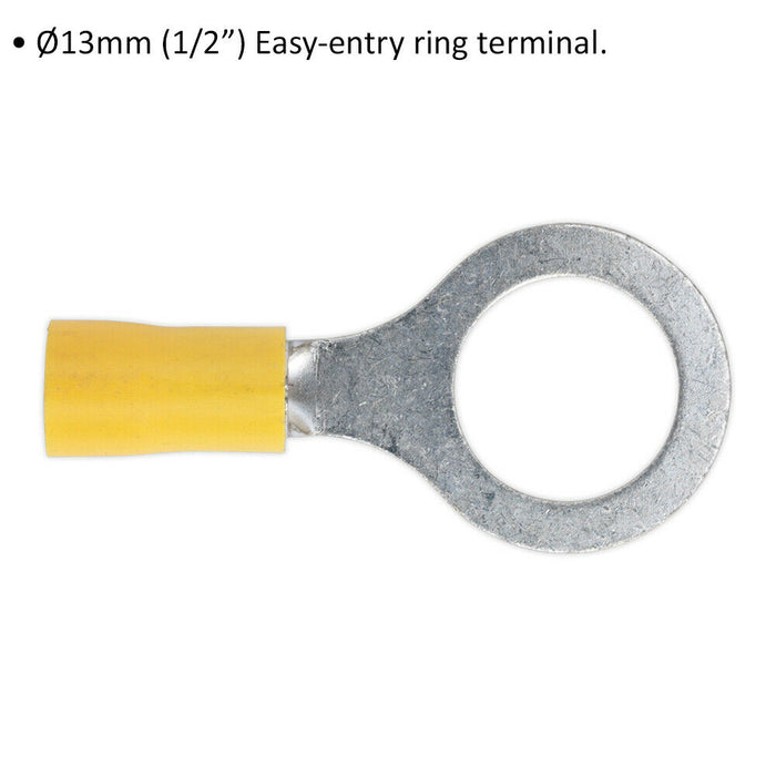 100 PACK Easy-Entry Ring Terminal - 13mm Dia - 12 to 10 AWG Cable - Yellow Loops