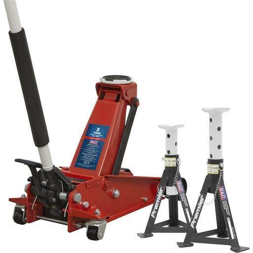 Hydraulic Trolley Jack & 2 x Axle Stand Kit - 3000kg Capacity - Foot Pedal Loops