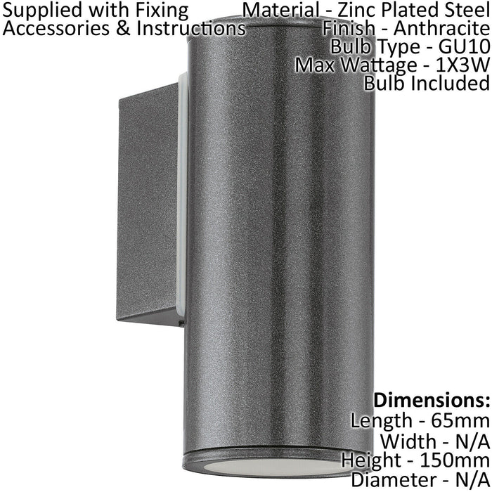 IP44 Outdoor Wall Light Anthracite Zinc Plated Steel 1 x 3W GU10 Bulb Loops