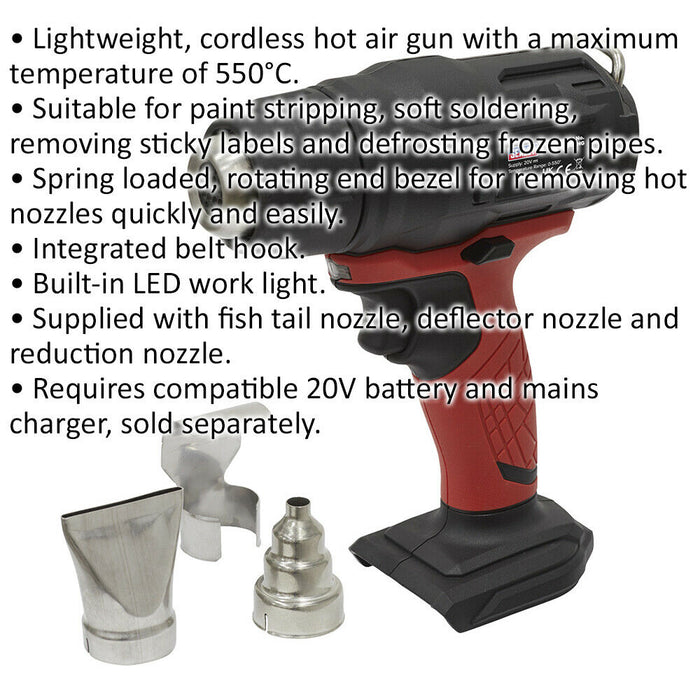 20V Cordless Hot Air Gun - BODY ONLY - Spring Loaded Bezel - Three Nozzles Loops