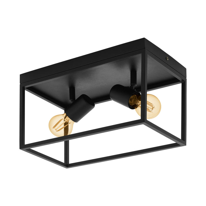 Flush Ceiling Light Colour Black Open Metal Frame Box & Holders Bulb E27 2x40W Loops